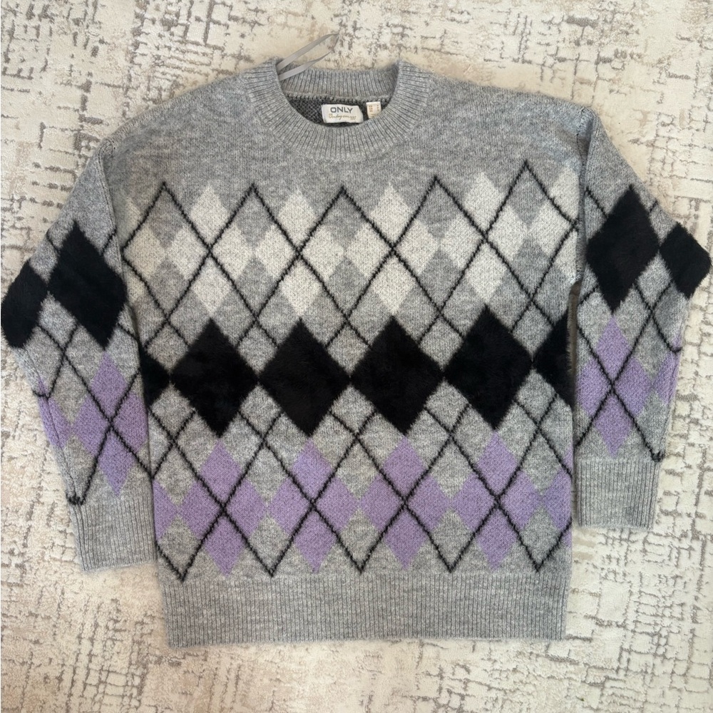 ONLY Gray and Purple Argyle Sweater